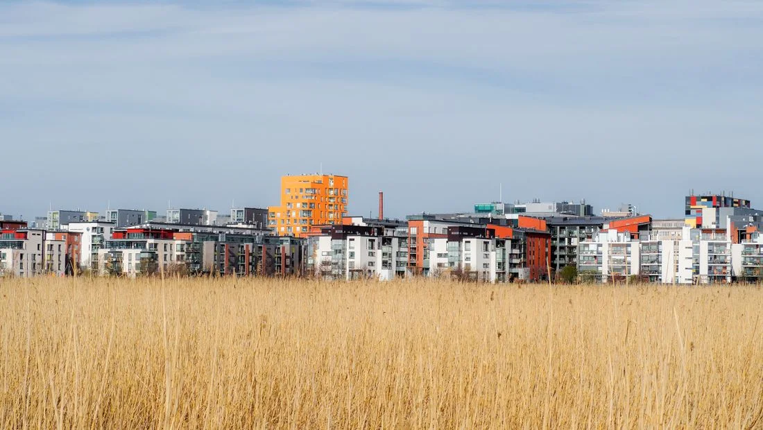 Bloques de viviendas nuevos levantados al borde de un campo sin urbanizar
